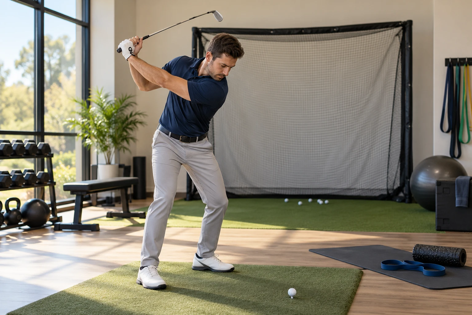 Illustrative golfer practising a swing in an indoor training studio