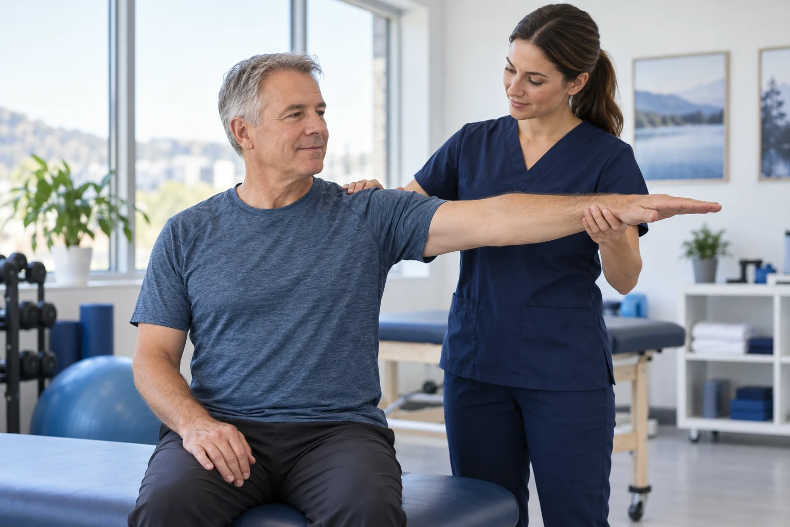 Illustrative physiotherapy session supporting shoulder movement